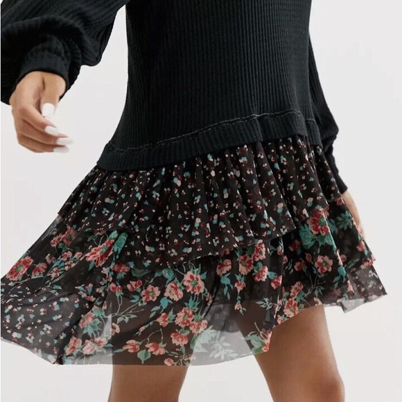 Free People Black Thermal Floral Tiered Bottom Long Sleeve Dress - Picture 2 of 7